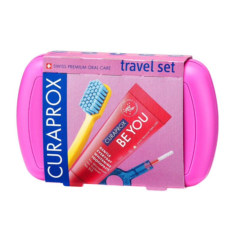 CURAPROX Travel Set Pink I Includes CS 5460 Travel Toothbrush, 10ml Be You Toothpaste, CPS Prime 07 & 09 Interdental Brushes I Compact Oral Care Kit for On-the-Go - Image 1